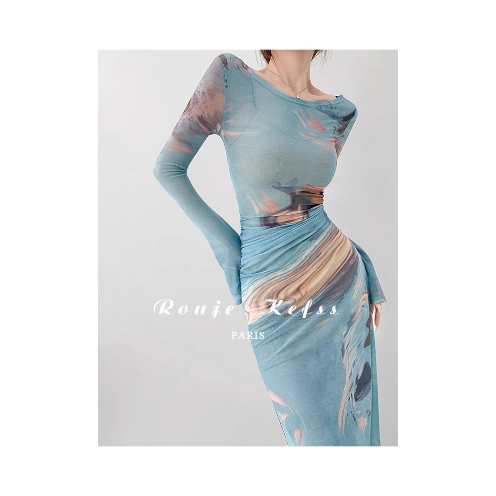 Rouje Kefss French style mesh tie dye dress for women spring and autumn sexy suspender two piece set with side slit long skirt image 1