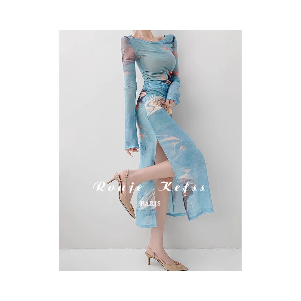 Rouje Kefss French style mesh tie dye dress for women spring and autumn sexy suspender two piece set with side slit long skirt image 2