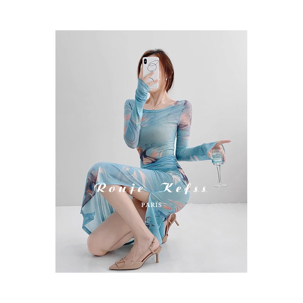 Rouje Kefss French style mesh tie dye dress for women spring and autumn sexy suspender two piece set with side slit long skirt image 3