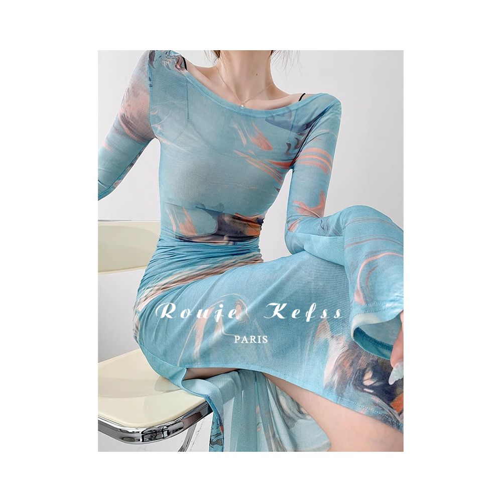 Rouje Kefss French style mesh tie dye dress for women spring and autumn sexy suspender two piece set with side slit long skirt image 4