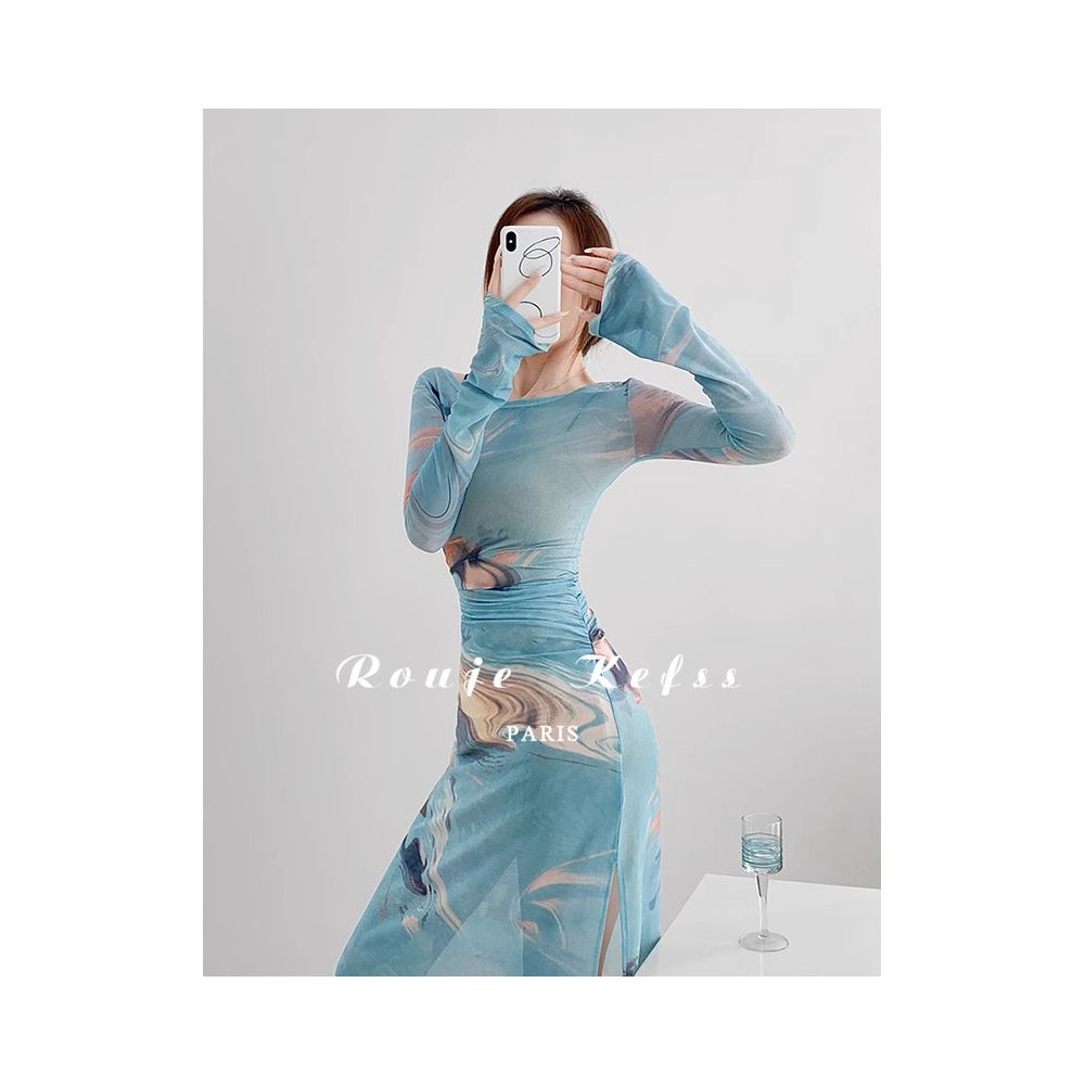 Rouje Kefss French style mesh tie dye dress for women spring and autumn sexy suspender two piece set with side slit long skirt image 5