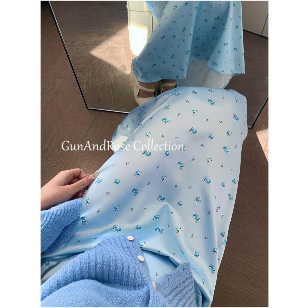 GunAndRose South French Instagram blogger realism style small floral long skirt satin half skirt niche retro image 1