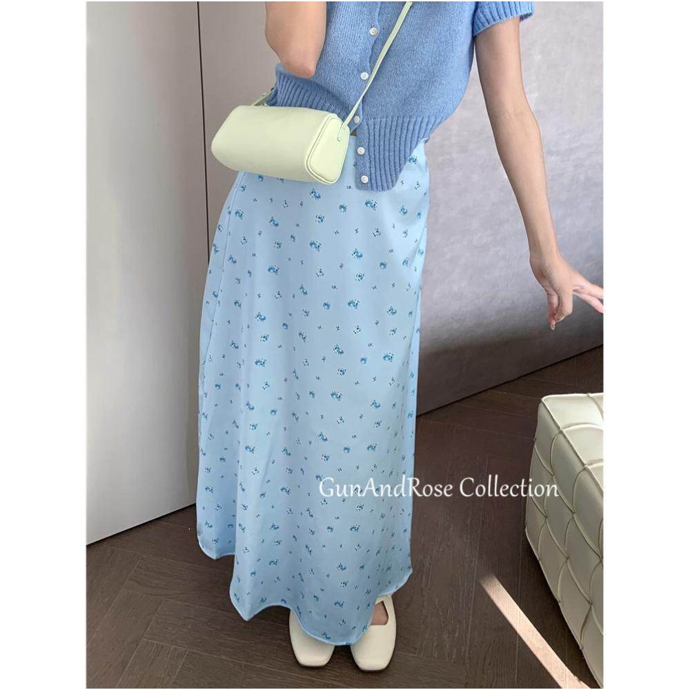 GunAndRose South French Instagram blogger realism style small floral long skirt satin half skirt niche retro image 4
