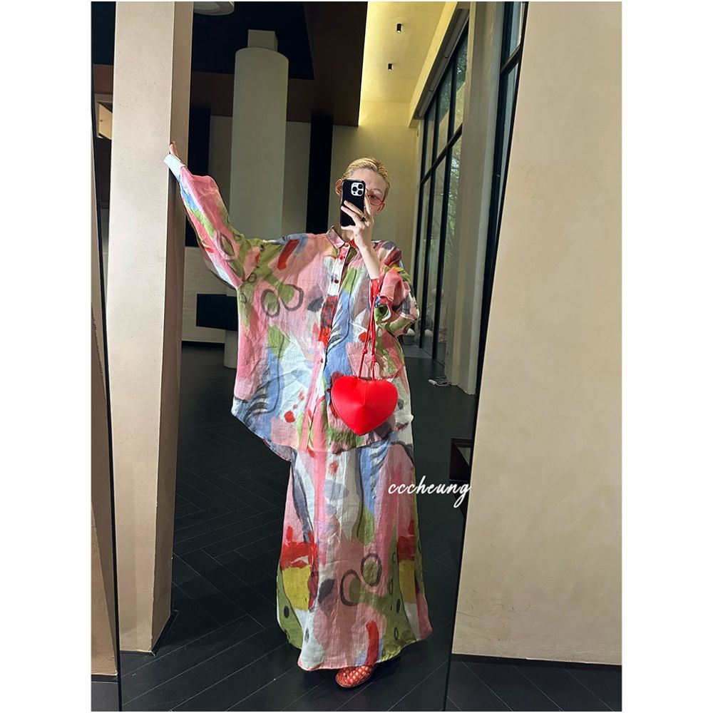 Xiyixi 5 16 Original Niche Designer Peach Oolong 100 Ramie Printed Sunscreen Shirt Set image 1