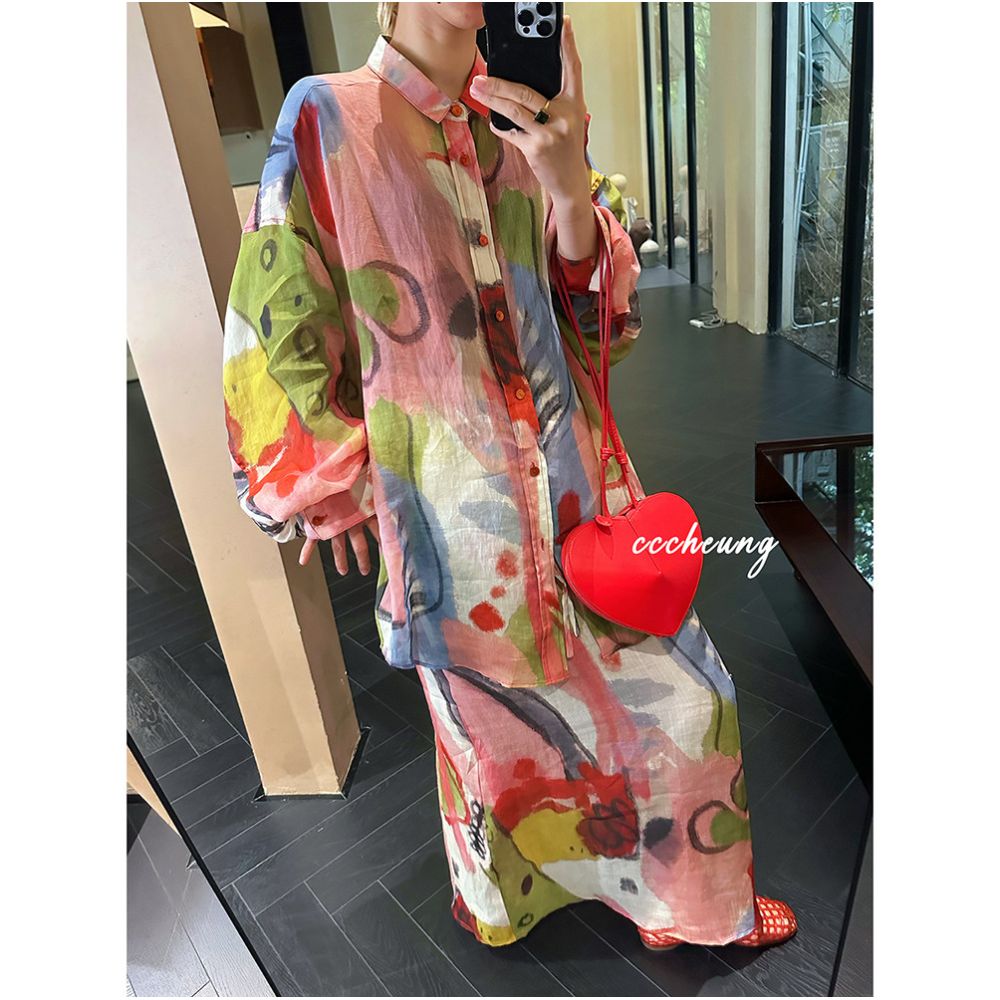 Xiyixi 5 16 Original Niche Designer Peach Oolong 100 Ramie Printed Sunscreen Shirt Set image 2