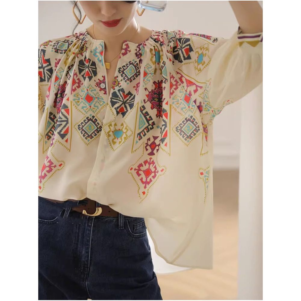French Rixo Rane comfortable chiffon silk V neck seven quarter sleeved shirt women s summer loose and fashionable printed shirt image 2