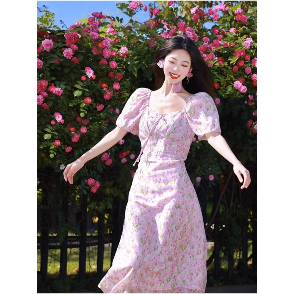 French Rixo Rane releases romantic French retro square neck floral dress for women s summer waist cinching stunning long skirt image 2
