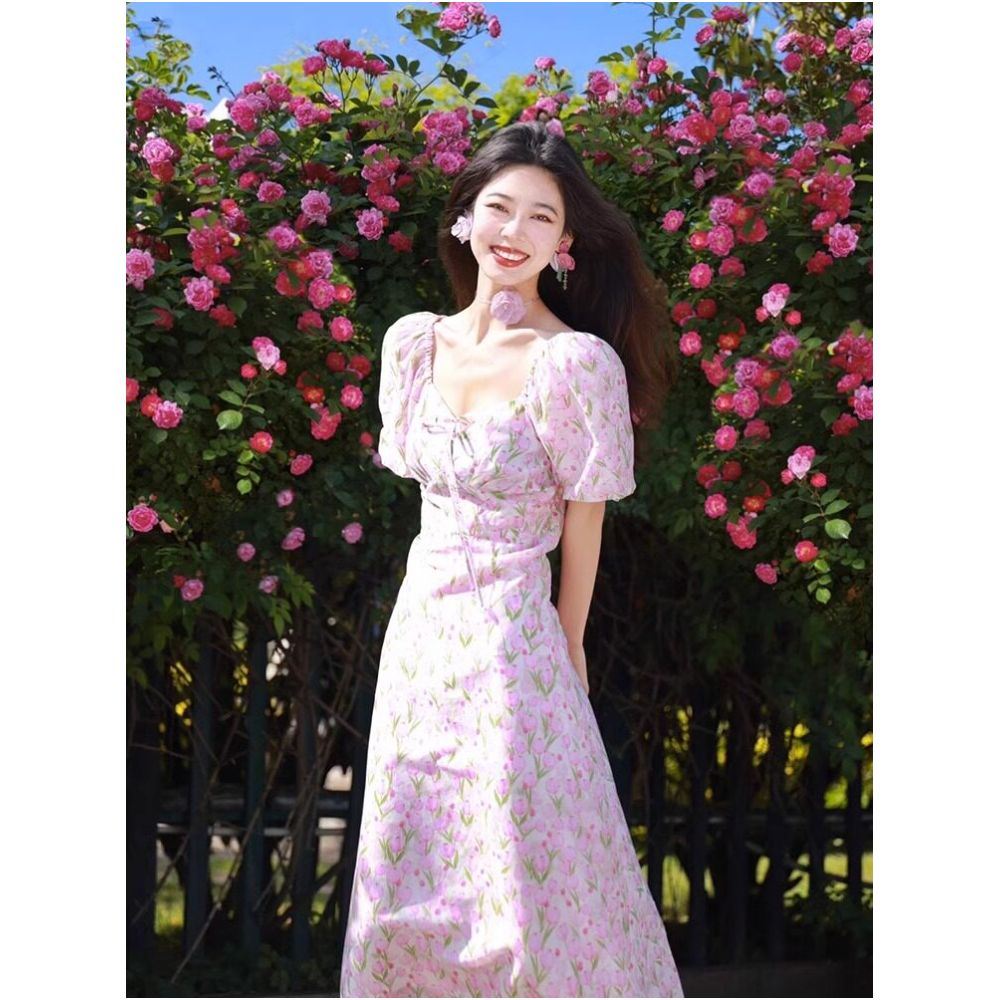 French Rixo Rane releases romantic French retro square neck floral dress for women s summer waist cinching stunning long skirt image 4