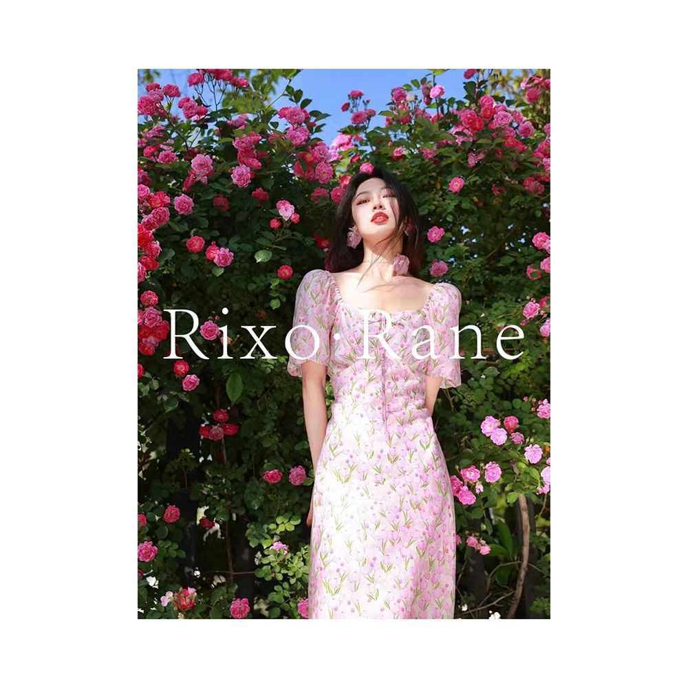 French Rixo Rane releases romantic French retro square neck floral dress for women s summer waist cinching stunning long skirt image 0