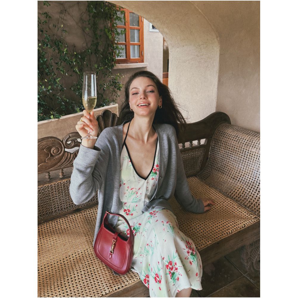 Bettychow Vintage Paris Printed Hanging Neck Long Dress Fashion V neck Temperament Medium length Skirt image 3