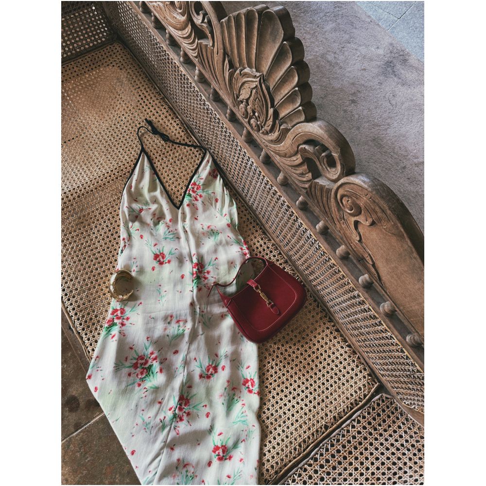 Bettychow Vintage Paris Printed Hanging Neck Long Dress Fashion V neck Temperament Medium length Skirt image 4