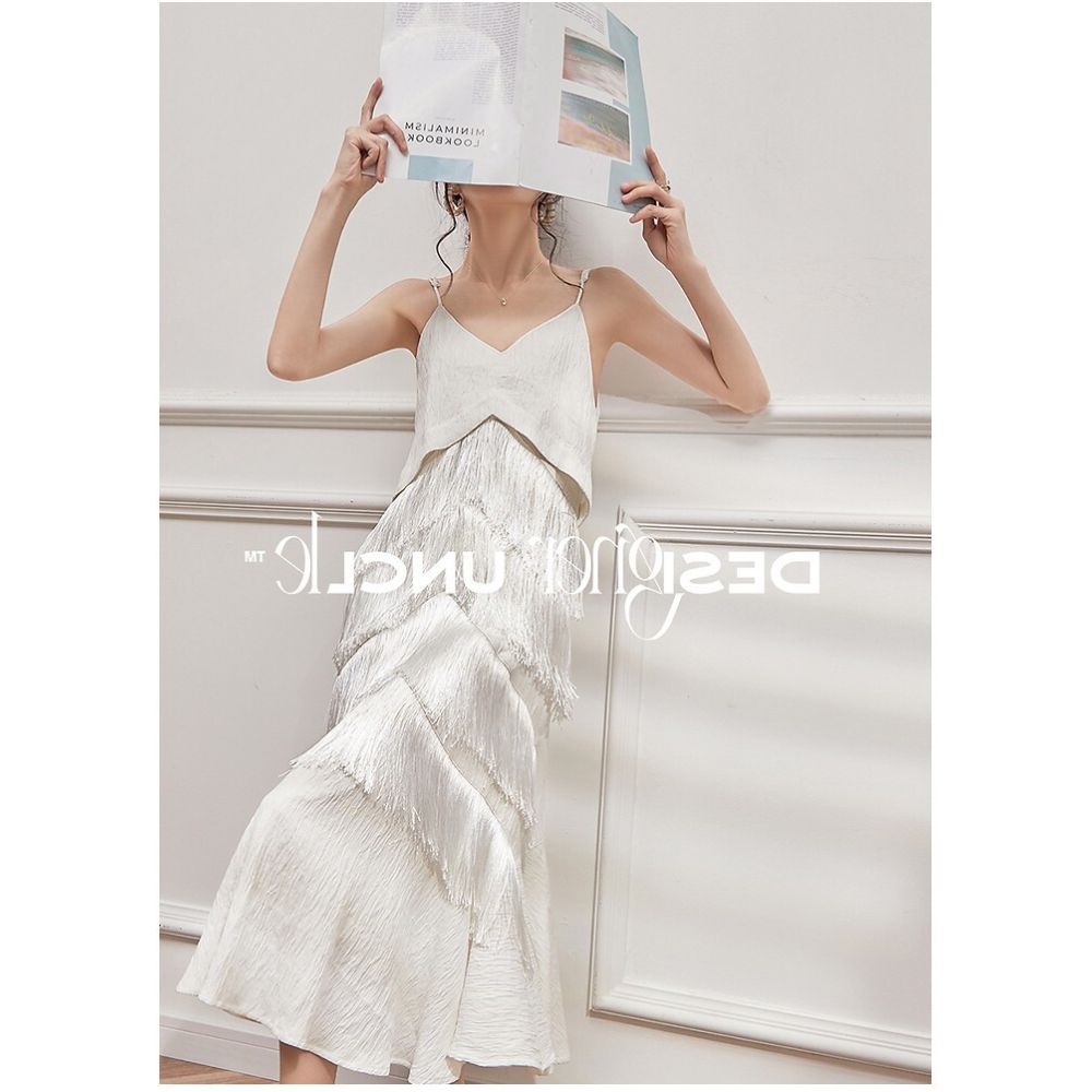 French tea break white camisole dress with flowing tassels niche design high end fish tail sleeveless skirt for summer image 1