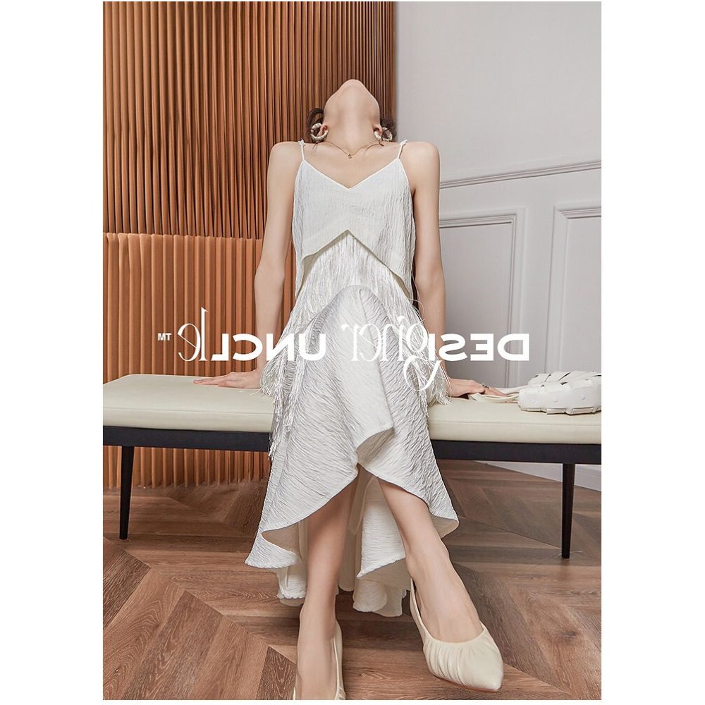 French tea break white camisole dress with flowing tassels niche design high end fish tail sleeveless skirt for summer image 2
