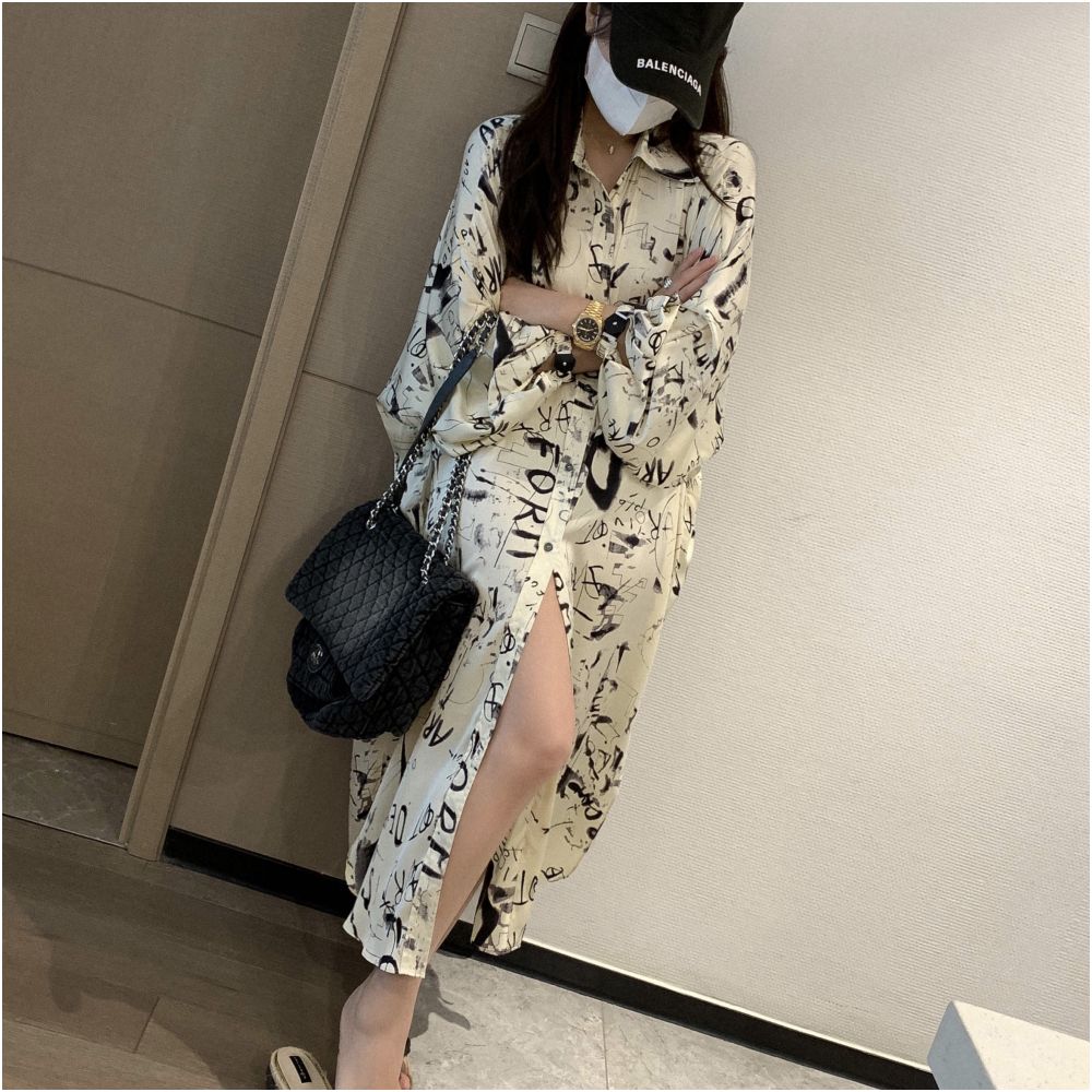 Tach Paola French style small fragrance graffiti printed shirt skirt spring and summer niche lazy style long dress for women image 4