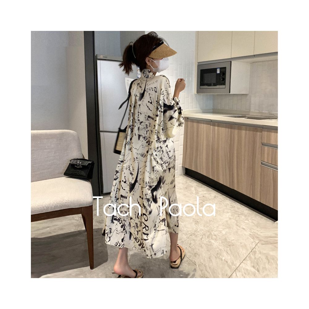 Tach Paola French style small fragrance graffiti printed shirt skirt spring and summer niche lazy style long dress for women image 0