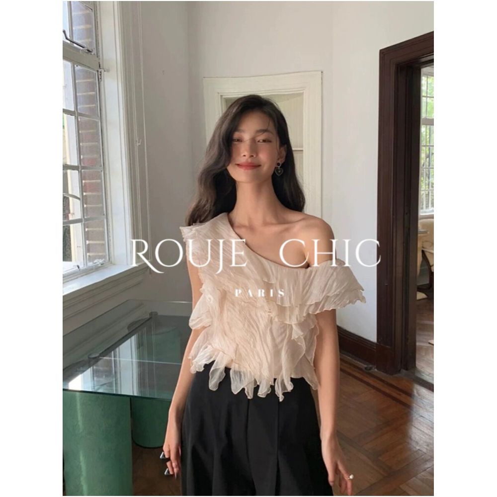 Rouje Chic French style off shoulder ruffled blouse for women a gentle and sophisticated short top perfect for summer image 0