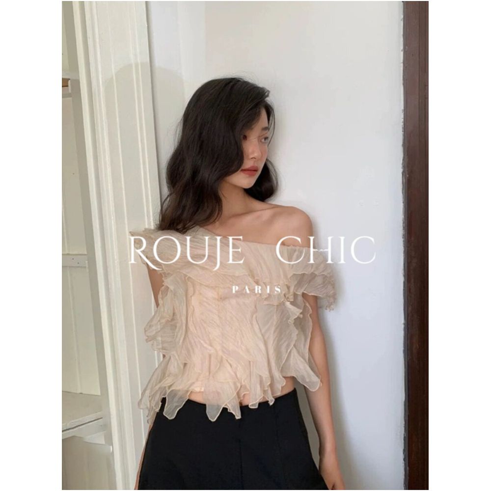 Rouje Chic French style off shoulder ruffled blouse for women a gentle and sophisticated short top perfect for summer image 1