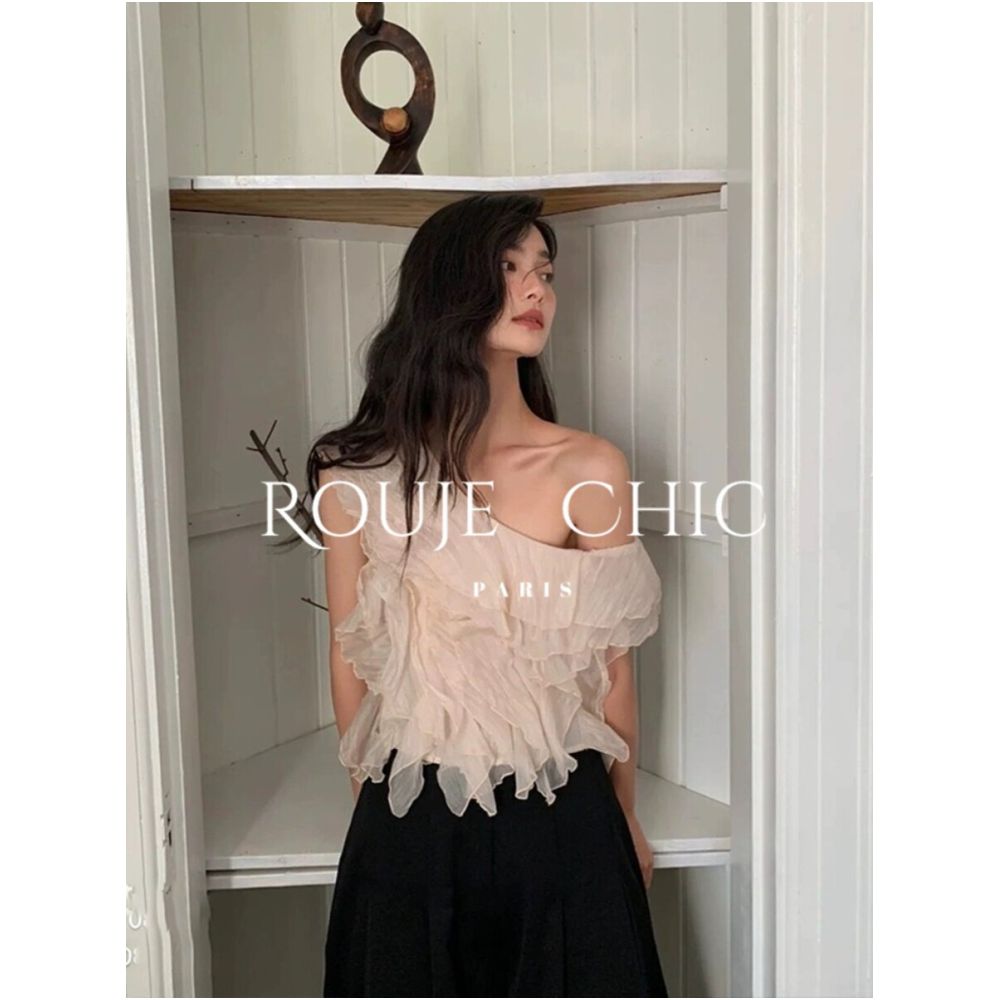 Rouje Chic French style off shoulder ruffled blouse for women a gentle and sophisticated short top perfect for summer image 3
