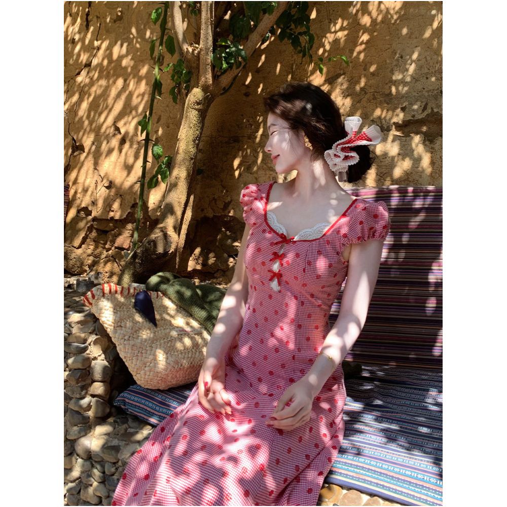 Rosselora original design Red polka dot dress with sweet lace trim and high waisted bow maxi skirt image 1