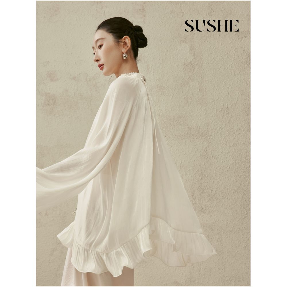 SUSHE s Flowing Philosophy Island Silk Ruffle Collar Lantern Sleeves Ruffle Hem Slimming Chiffon Blouse image 1