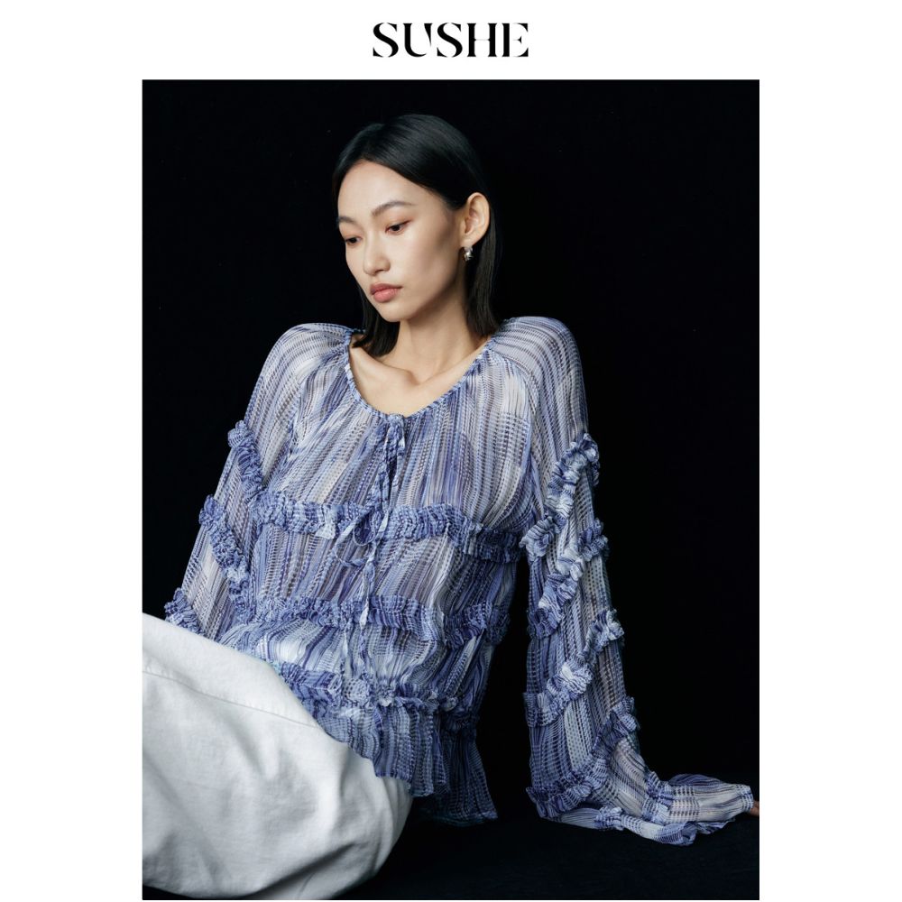 Shuxi SUSHE Qilan French Elegant Double Color Weaving Printed Mushroom Edge Horn Sleeve Clear Chiffon Shirt for Women Summer image 2