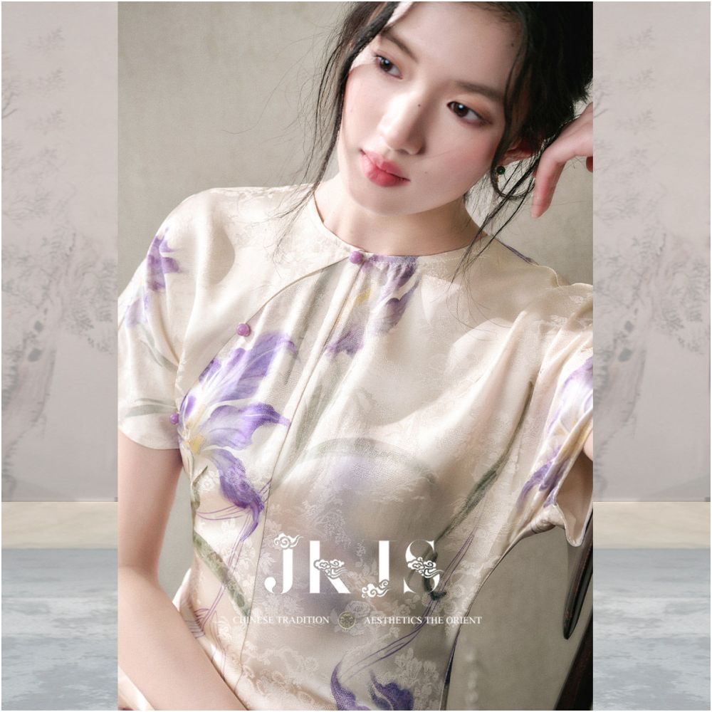 JKJS Fufeng Dance Silk Iris Flower Dress Long Skirt Waist Folding Skirt Retro Chinese Style Improved Cheongsam image 2