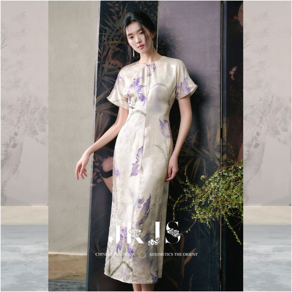 JKJS Fufeng Dance Silk Iris Flower Dress Long Skirt Waist Folding Skirt Retro Chinese Style Improved Cheongsam image 3