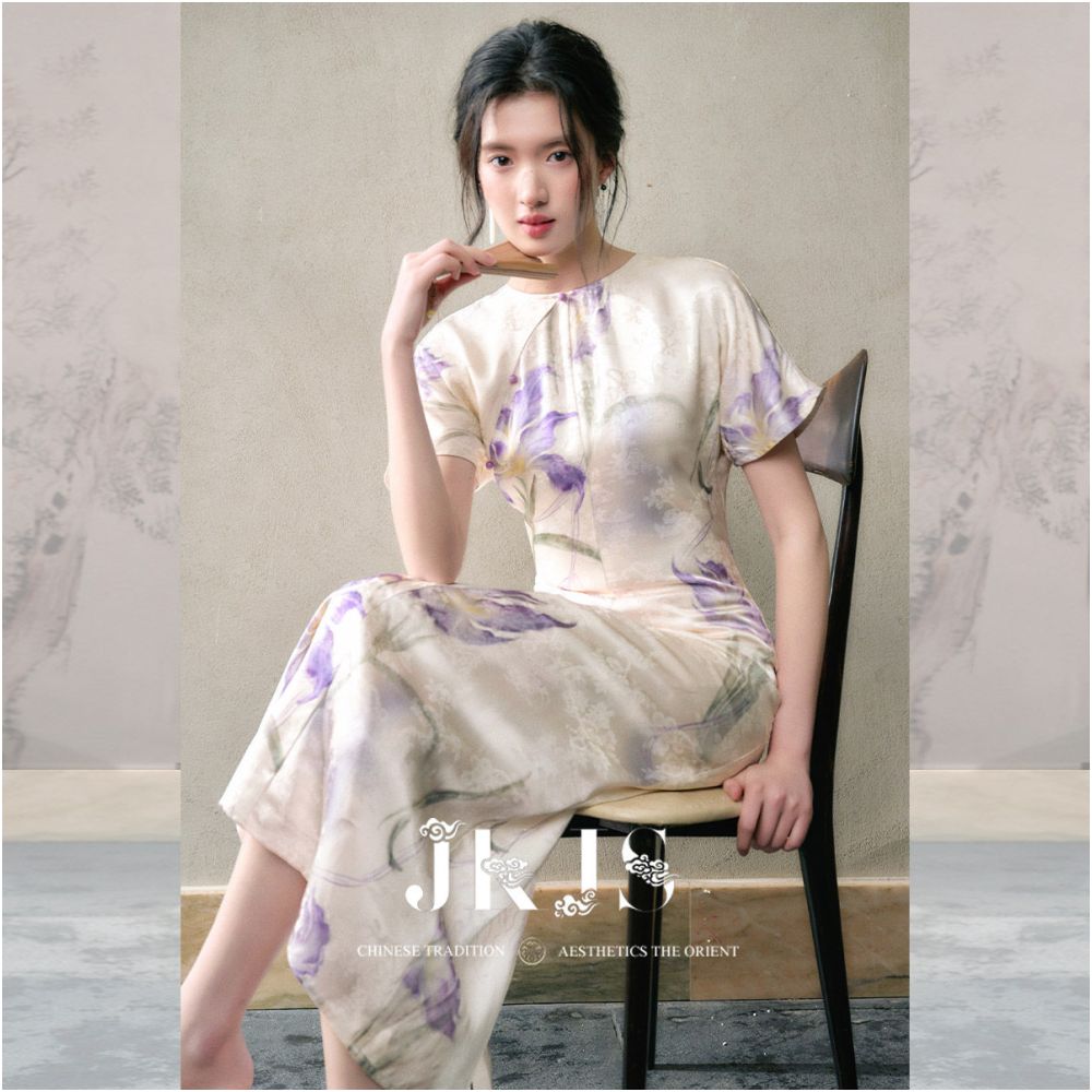 JKJS Fufeng Dance Silk Iris Flower Dress Long Skirt Waist Folding Skirt Retro Chinese Style Improved Cheongsam image 4