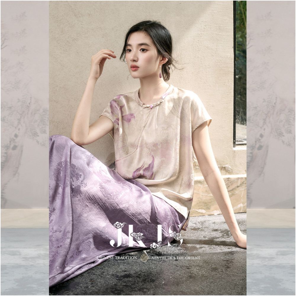 JKJS Fufeng Dance Silk Iris Flower Dress Long Skirt Waist Folding Skirt Retro Chinese Style Improved Cheongsam image 5