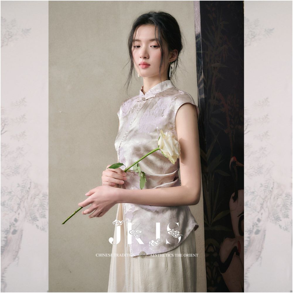 JKJS Flower Trade Style Silk Interwoven Jacquard Buckle Short sleeved T shirt for Women 2026 New Chinese Style Top image 4