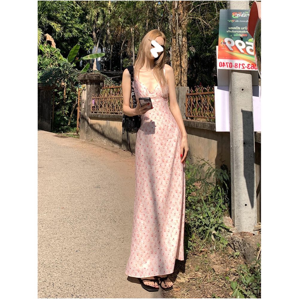 Drawdream Pink Floral V Neck Sundress Women s Beach Vacation Style Sexy Slimming Waist Defining Long Dress image 1