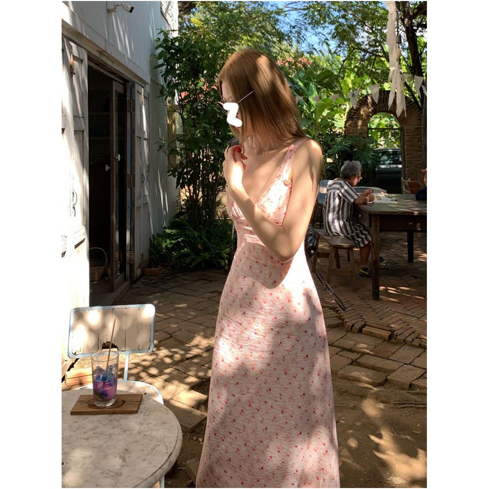 Drawdream Pink Floral V Neck Sundress Women s Beach Vacation Style Sexy Slimming Waist Defining Long Dress image 2