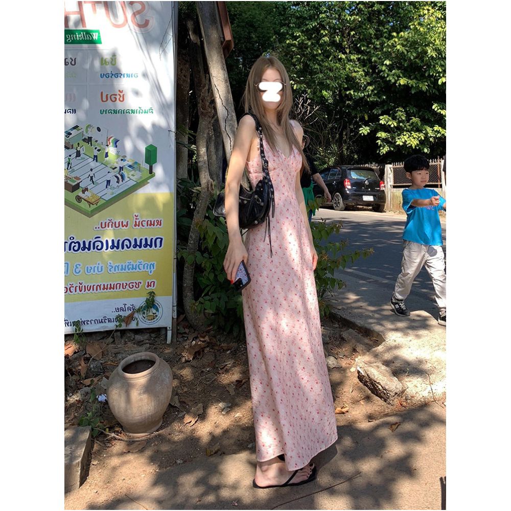 Drawdream Pink Floral V Neck Sundress Women s Beach Vacation Style Sexy Slimming Waist Defining Long Dress image 3