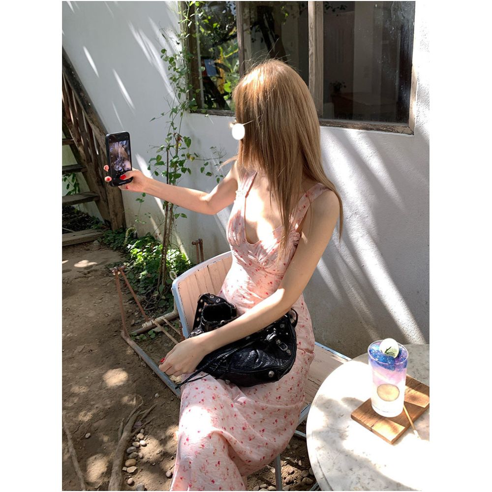 Drawdream Pink Floral V Neck Sundress Women s Beach Vacation Style Sexy Slimming Waist Defining Long Dress image 4