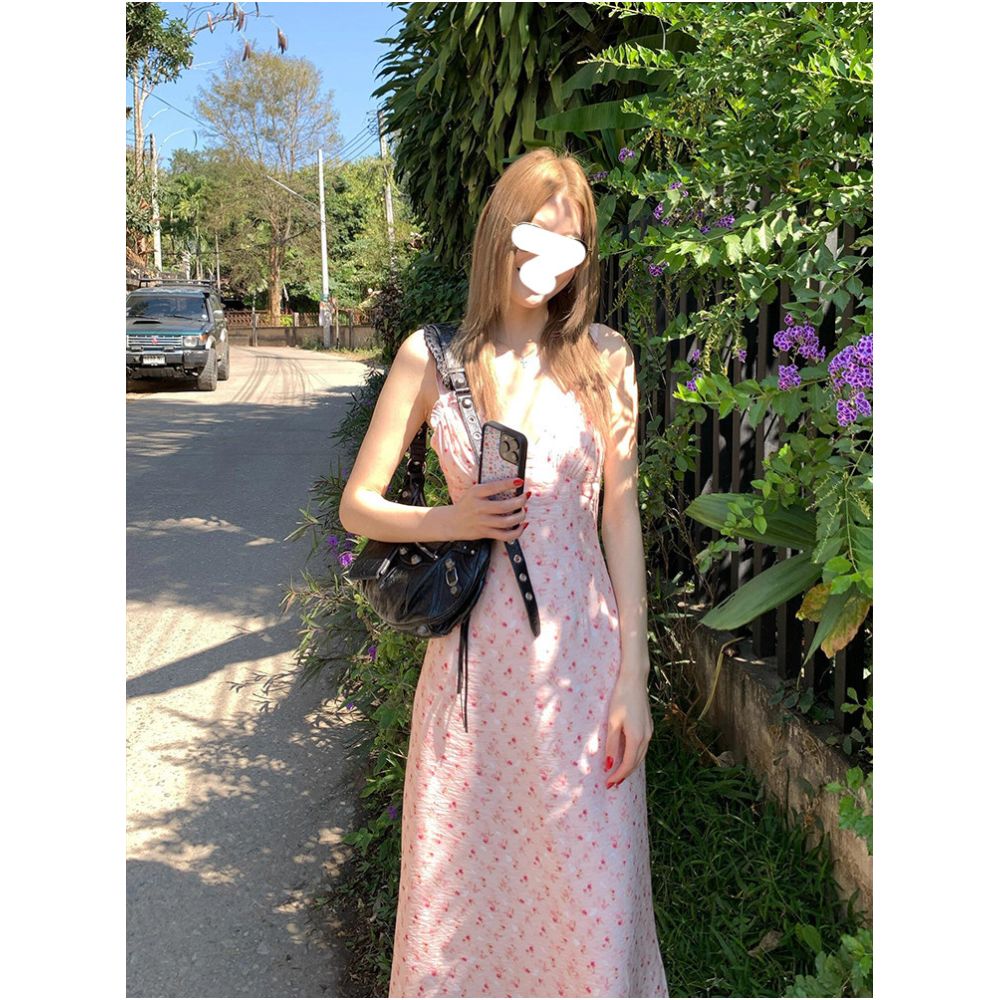 Drawdream Pink Floral V Neck Sundress Women s Beach Vacation Style Sexy Slimming Waist Defining Long Dress image 5