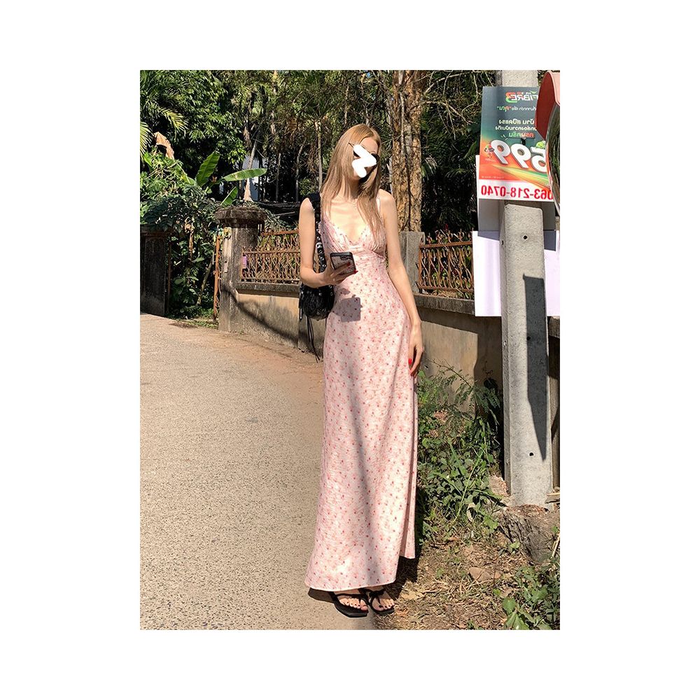 Drawdream Pink Floral V Neck Sundress Women s Beach Vacation Style Sexy Slimming Waist Defining Long Dress image 0