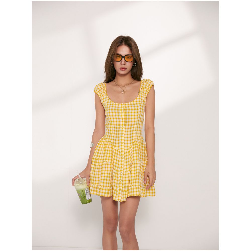 DiscoGlam Retro Plaid Skirt Niche Style U Neck Short Full Skirt Backless Waist cinching Plaid Dress for Women Summer image 0