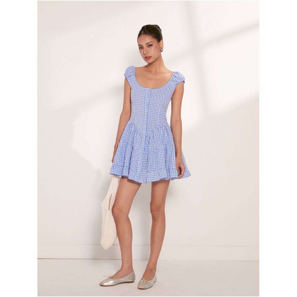 DiscoGlam Retro Plaid Skirt Niche Style U Neck Short Full Skirt Backless Waist cinching Plaid Dress for Women Summer image 1