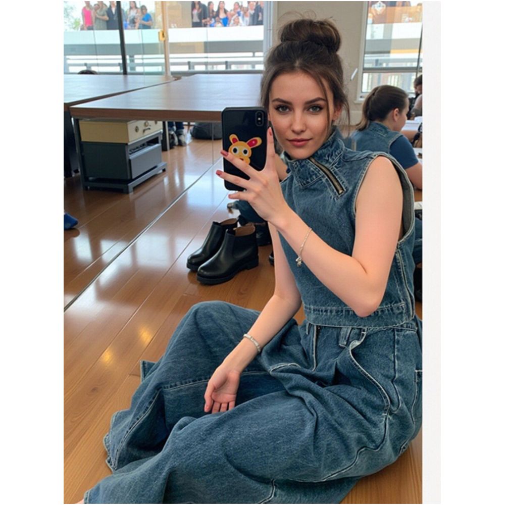 Retro blue denim two piece set for women summer 2026 trendy American style featuring a vest top and wide leg pants image 4
