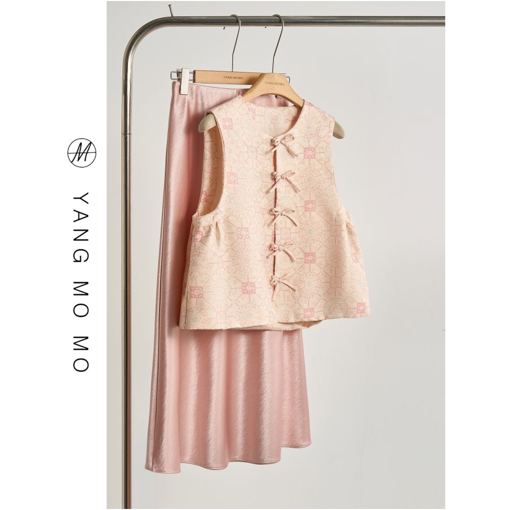 New Chinese style sweet and improved pink jacquard bow flower sleeveless vest and skirt suit for women new summer style image 0