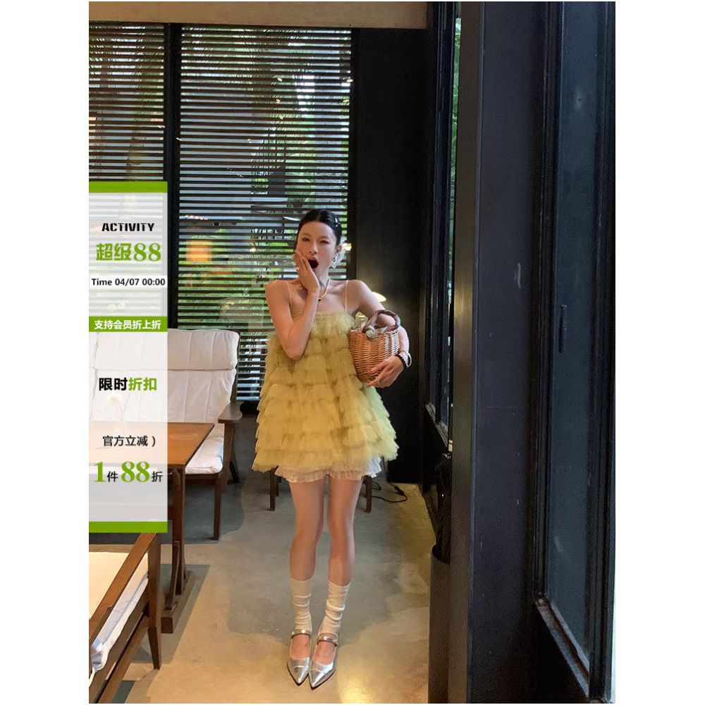 DULA Good Home Mesh Suspender Cake Dress Super Fairy Dress for Women Beach Vacation Puffy Princess Short Skirt image 0