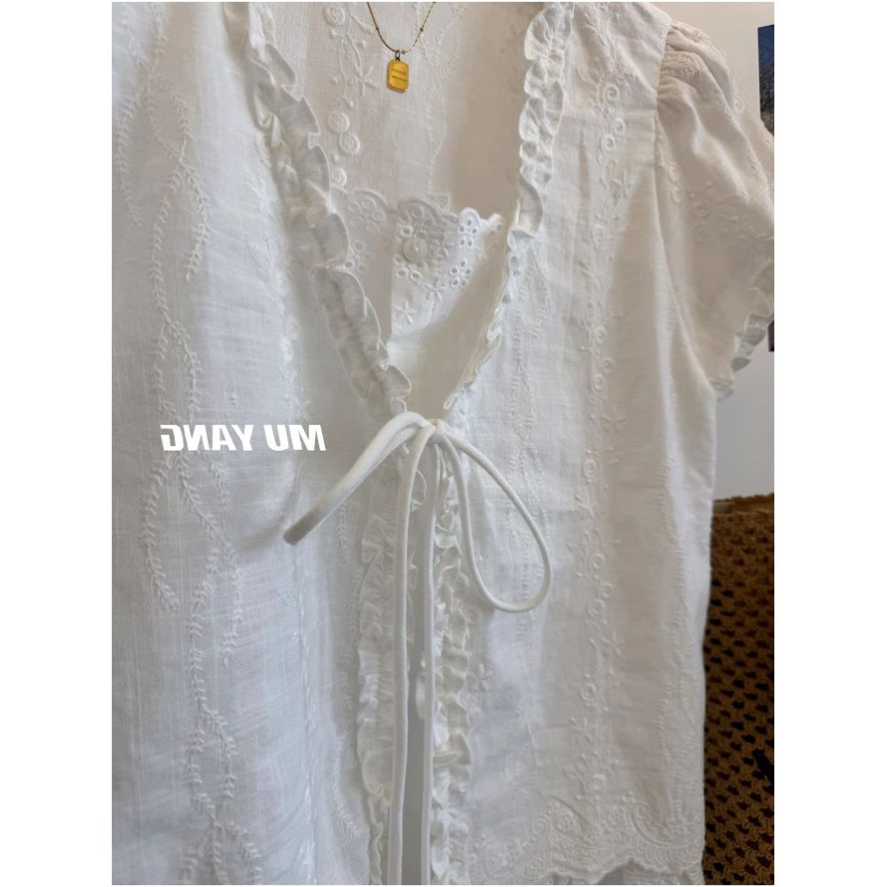 French style V neck tie up faux two piece short sleeved shirt for women summer loose casual embroidered ruffle trim petite top image 3
