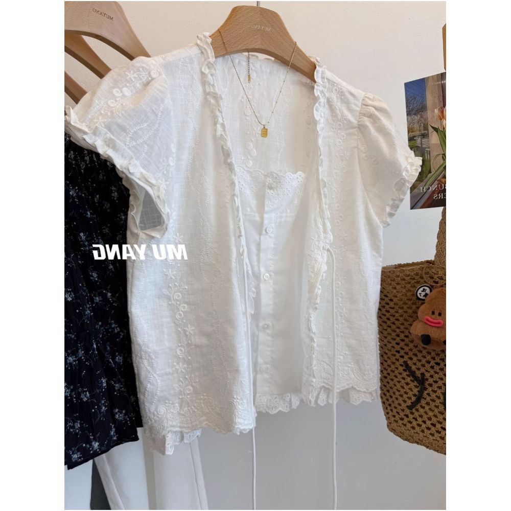French style V neck tie up faux two piece short sleeved shirt for women summer loose casual embroidered ruffle trim petite top image 5