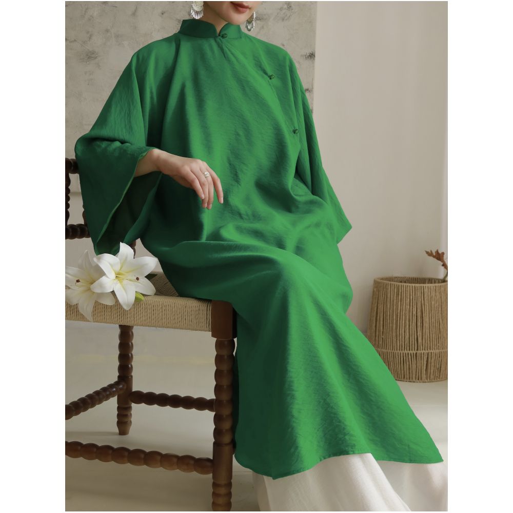 TAORAN Women s Stand Collar Three Quarter Sleeve Long Cheongsam Dress with Chinese Style Zen Tea Design Green Reversible Dress image 0