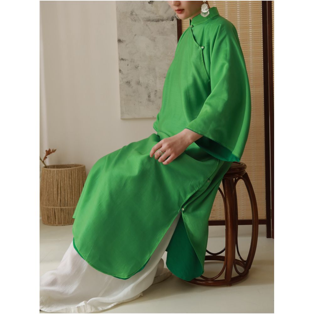 TAORAN Women s Stand Collar Three Quarter Sleeve Long Cheongsam Dress with Chinese Style Zen Tea Design Green Reversible Dress image 1
