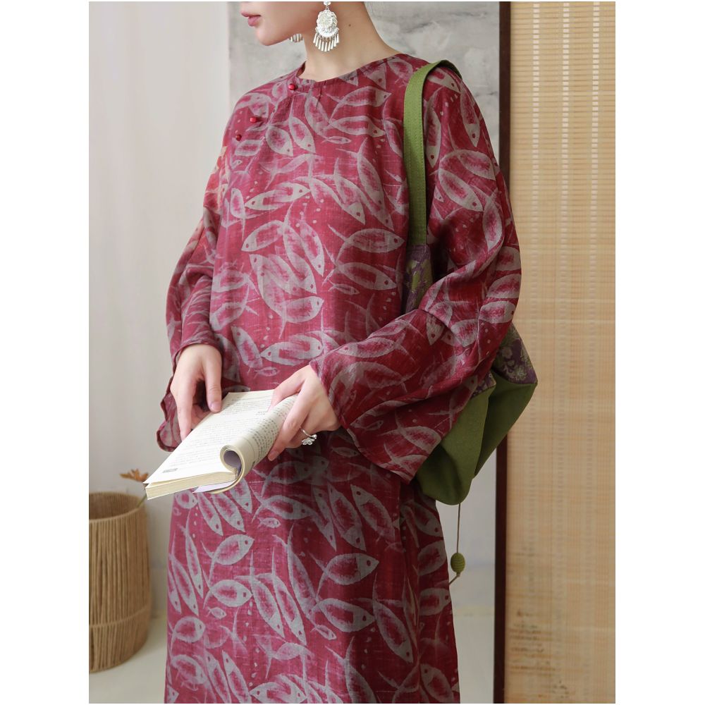 TAORAN Women s Chinese Style Modified Cheongsam Traditional Printed Dress Retro Literary Style Zen Robe Tea Set image 0