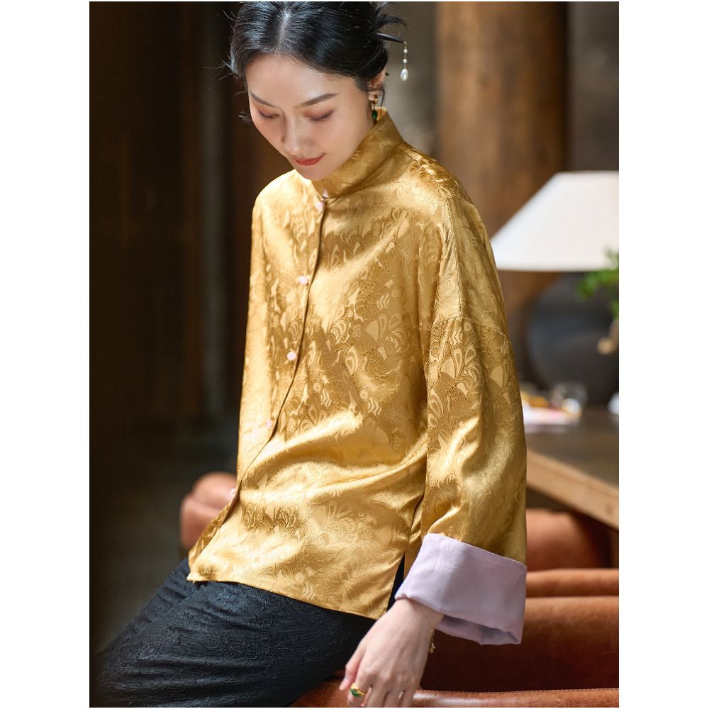 New Year Women s Silk Elastic Jacquard Retro Chinese Tang Suit Women s Improved Chinese Style Front Opening Stand Collar Top image 1