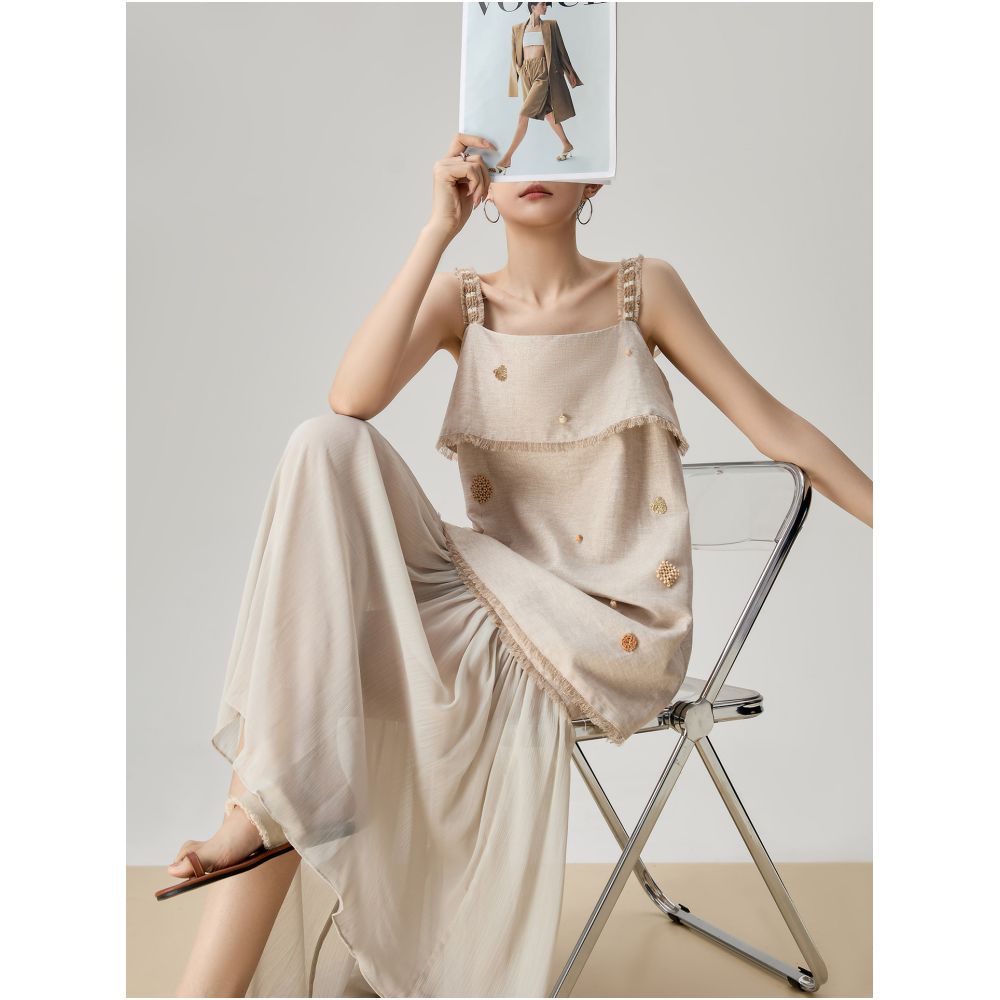 Super cute beige linen beaded sleeveless slip dress two piece set for women a super popular summer outfit for 2026 image 0