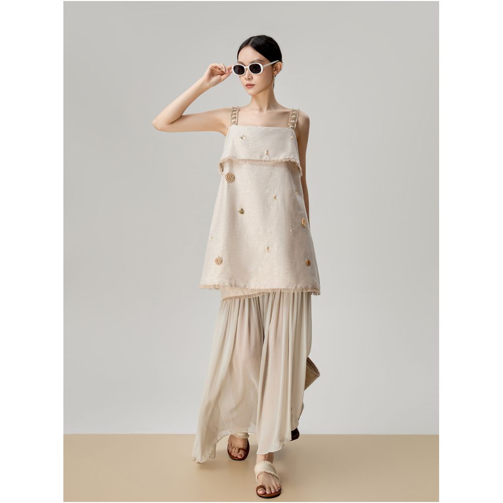 Super cute beige linen beaded sleeveless slip dress two piece set for women a super popular summer outfit for 2026 image 1