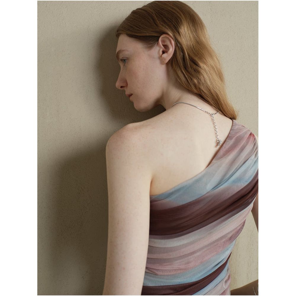 Someone sometimes creates original art dyed mesh breathable skin friendly off shoulder one shoulder short sleeved top for women image 3